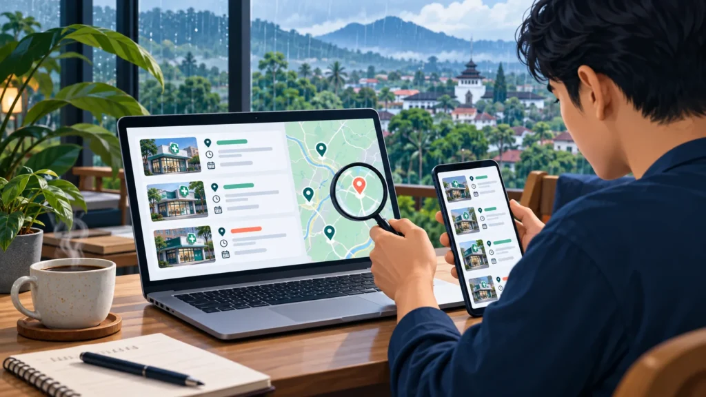 Ilustrasi memeriksa daftar apotek online dan lokasi di Bogor